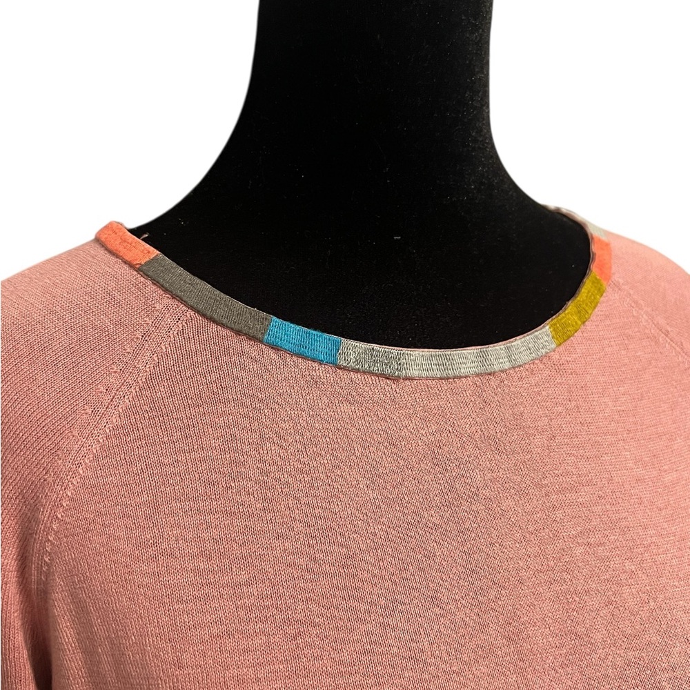 Boden Pink Silk and Cotton Crew Neck Sweater with Multicolor Trim Women’s Size 4